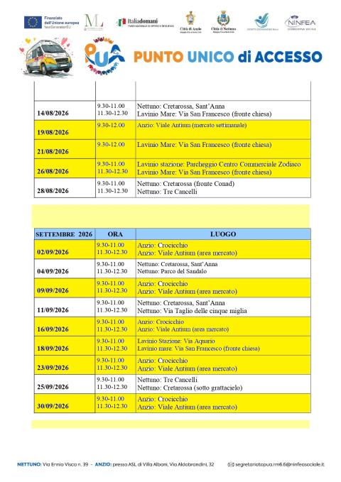 Il calendario del servizio Pua itinerante da luglio a settempre