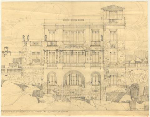 Cesare Bazzani, Villa Bazzani, Nettuno, Prospetto verso il mare, 1912-1922, matita su carta, mm 470 × 544, Archivio di Stato di Terni, Fondo Cesare Bazzani, RM163047.