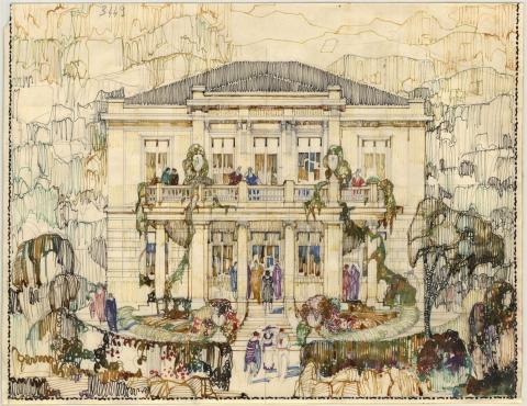 Cesare Bazzani, Villa Polli, Anzio Prospetto 1920 ca, inchiostri colorati su carta, mm 350 × 453, scala 1:100, Archivio di Stato di Terni, Fondo Cesare Bazzani, RM020002.